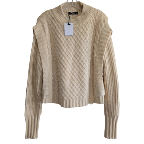 NWT Olivaceous Lattice Knit Sweater with Structured Shoulders Mock Neck Medium - Picture 2 of 6